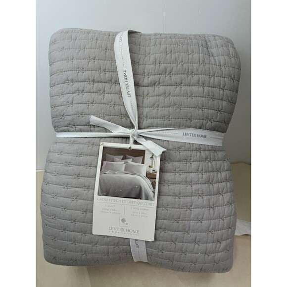 Levtex Home Cross Stitch 3 Piece Gray King Quilt Set NWT - Picture 6 of 9